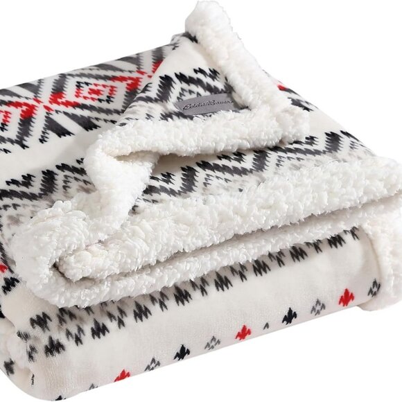 NWT Eddie Bauer Sherpa & Brushed Fleece Throw, Mountain Village Red, - Picture 1 of 11